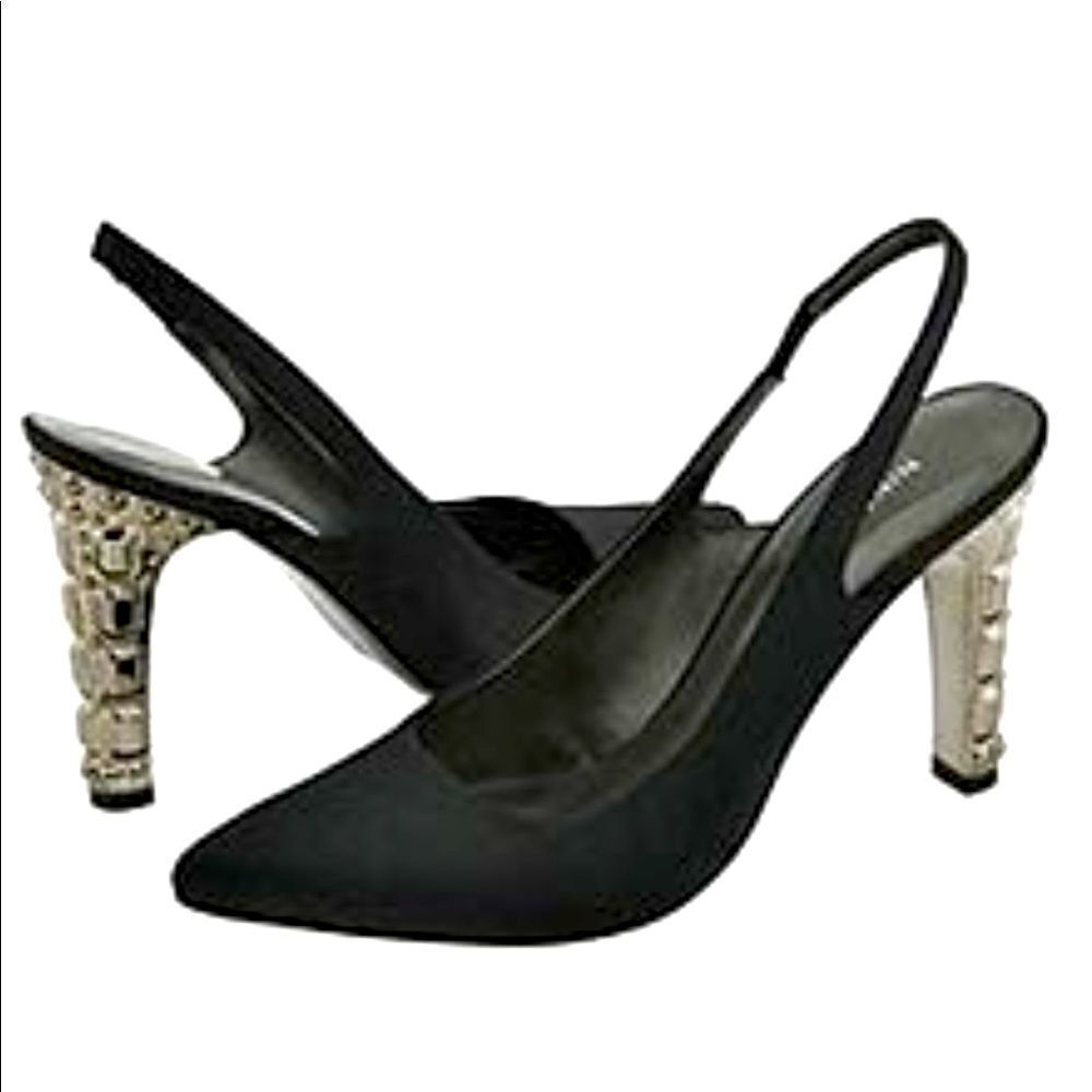 Nine West Jori Black Satin Jewel Heeled Slingbacks Size 8